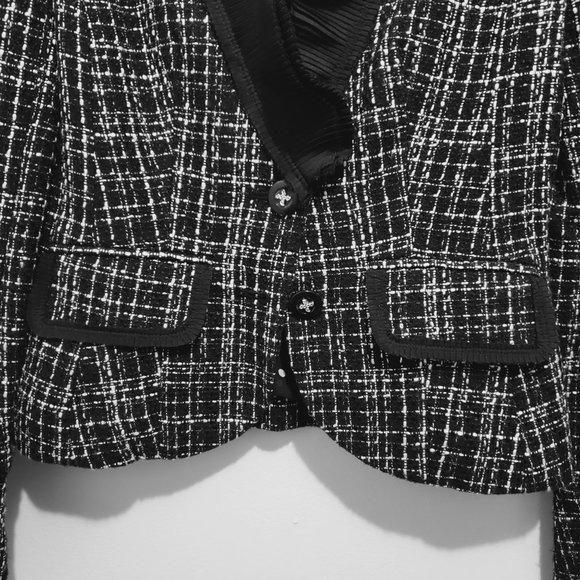 White House Black Market Black & White Tweed Blazer with Silky Ruffle Trim - Picture 5 of 13